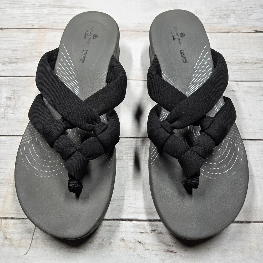 Clarks Cloudsteppers Arla Jane Flip Flop Sandals Womens 10 Black Grey Comfort